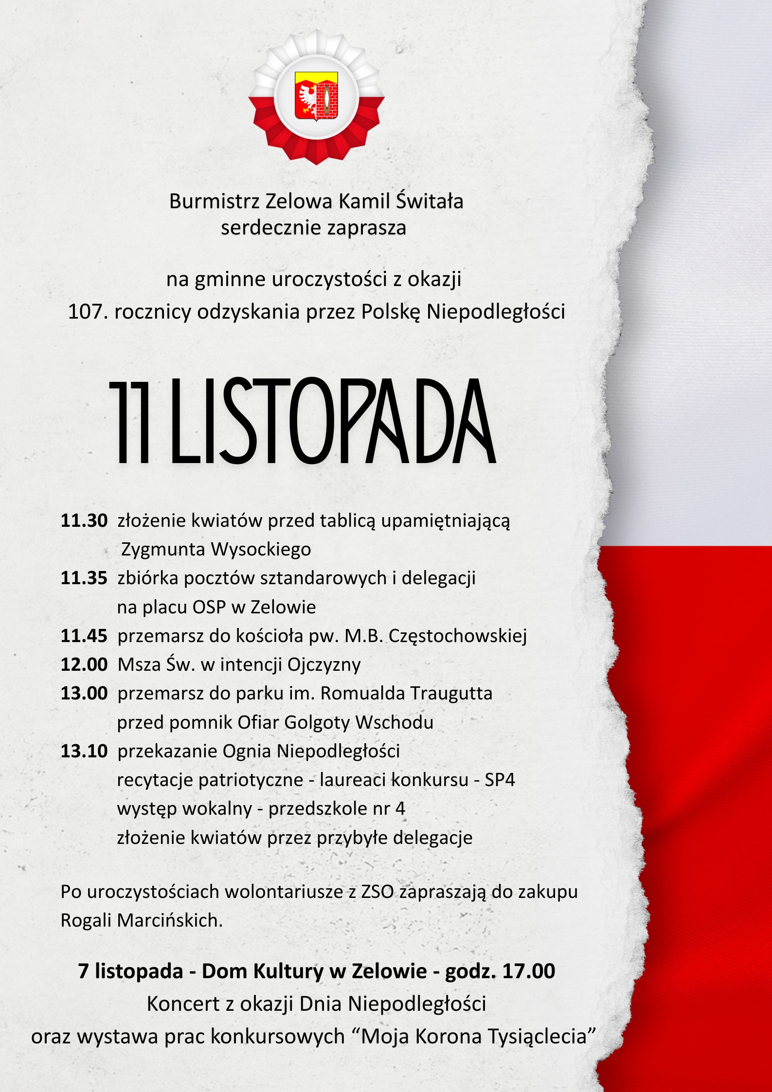 Artykuł: Zelów Pamięta: Zaproszenie na Gminne Uroczystości 107. Rocznicy Odzyskania Niepodległości